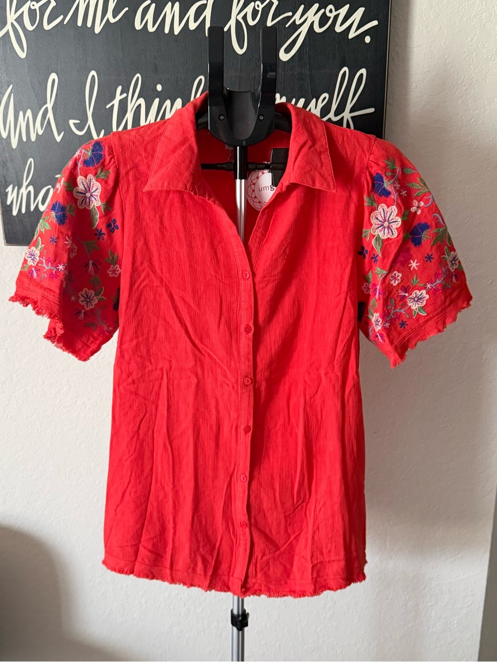 Umgee Red Short-Sleeve Button Down Top with Floral Embroidery NWT